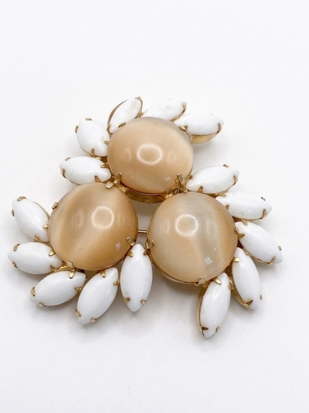 MCM Moonglow & Milk Glass Brooch Champagne Lucite Cabochon Statement 50’s Retro